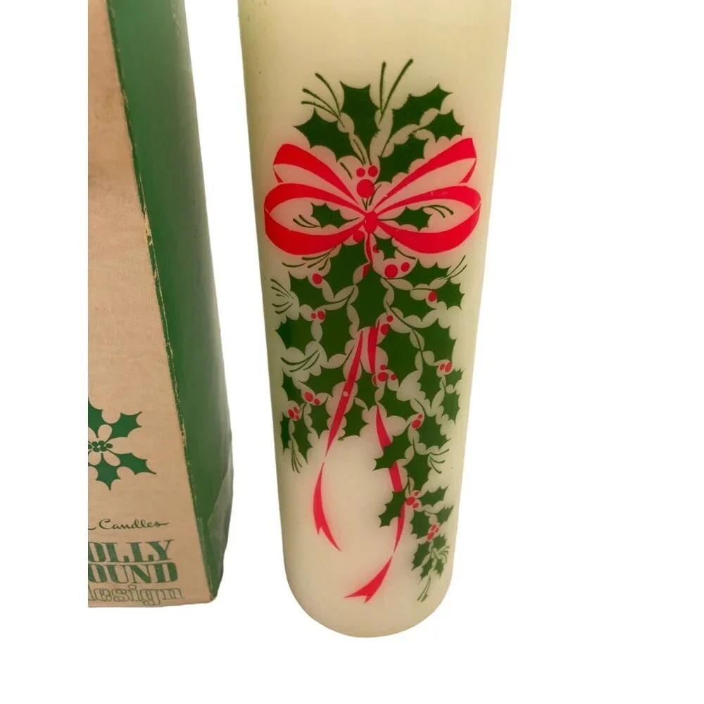 *Vintage Hallmark Pillar Candle Holly Round Design Christmas Collectible Decor